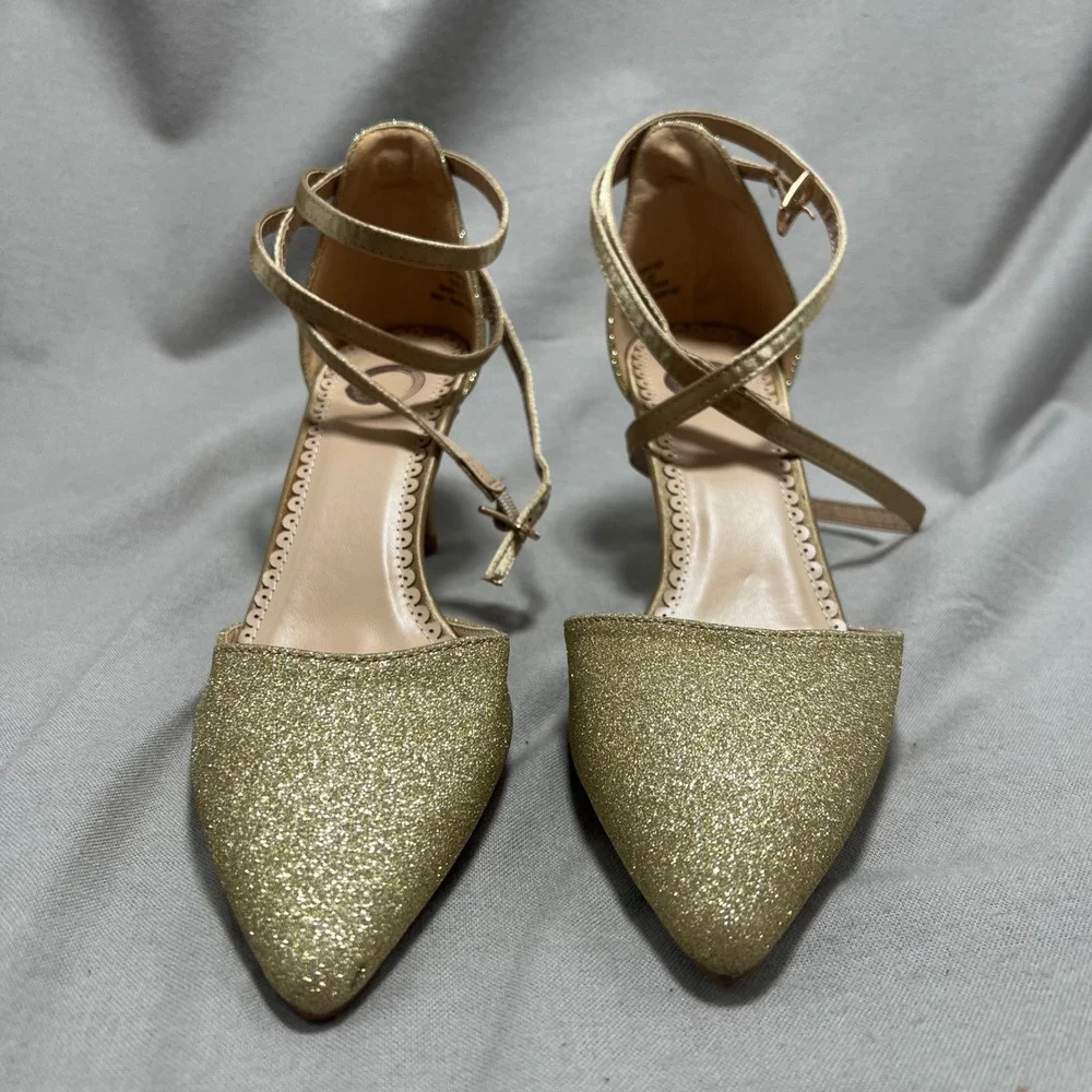 Journee Collection Leila Glitter Pumps D'Orsay Ankle Strap Heels Pointed Toe 6.5